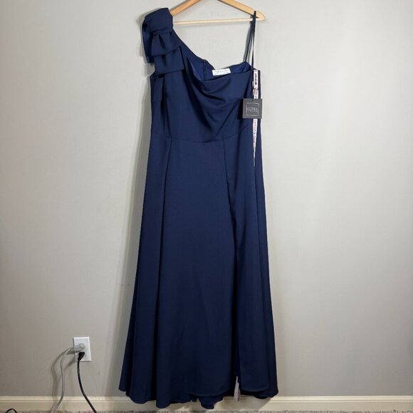 Ieena for Mac Duggal Bow One Shoulder A-Line Gown Womens 16 Navy Formal Slit NWT - Picture 6 of 16